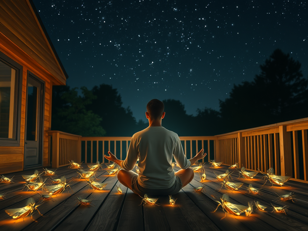 The Cricket’s Song: A Call to Mindfulness
Prompt: "A meditative scene with a person sitting on a wooden deck at night, surrounded by glowing crickets. The focus is on the calmness of their rhythmic song with the stars twinkling above."