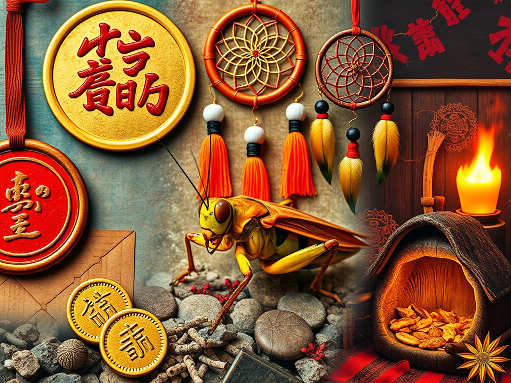 A vibrant collage showcasing a cricket near feng shui coins (China), a cricket surrounded by dreamcatchers (Native American), and a cricket near a glowing hearth (European folklore). Each symbol radiates cultural significance."