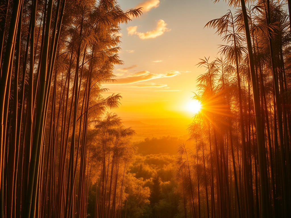 The Spiritual Meaning & Hidden Power of Bamboo: Flexibility and Resilience 11 "A breathtaking sunrise over a vast bamboo forest, symbolizing renewal, balance, and strength. The golden hues of dawn illuminate the tall stalks, reflecting resilience and harmony. The scene evokes a sense of spiritual awakening and a fresh start in life."