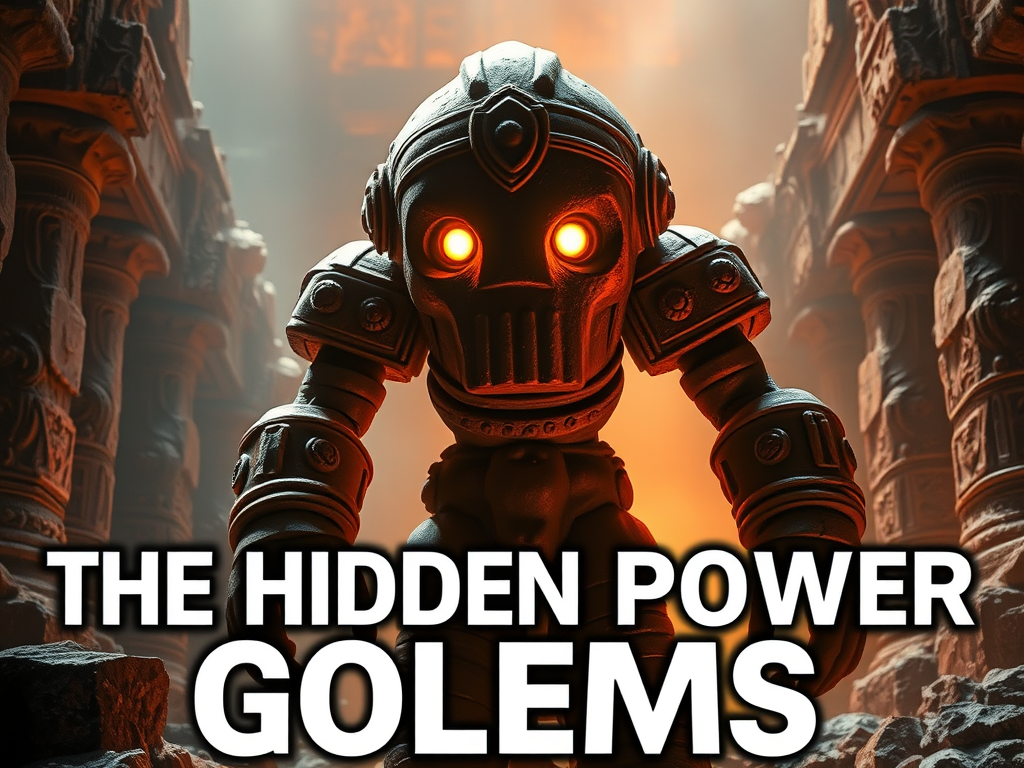 A captivating YouTube thumbnail featuring a glowing clay golem emerging from an ancient temple, with "The Hidden Power of Golems" written in bold, eye-catching text.
