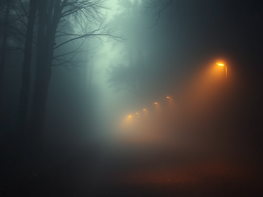  A cinematic image of a foggy path leading to an ethereal light, inviting the viewer into the mystical journey.