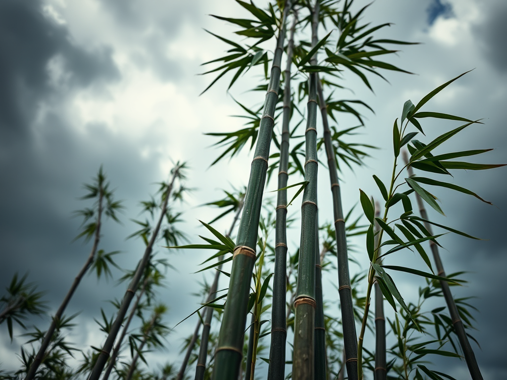 The Spiritual Meaning & Hidden Power of Bamboo: Flexibility and Resilience 7 "A close-up of tall, sturdy bamboo stalks standing strong against a stormy sky. The contrast between the storm clouds and the unwavering bamboo symbolizes inner strength, resilience, and spiritual fortitude. Subtle rain droplets cling to the leaves, enhancing the dramatic mood."