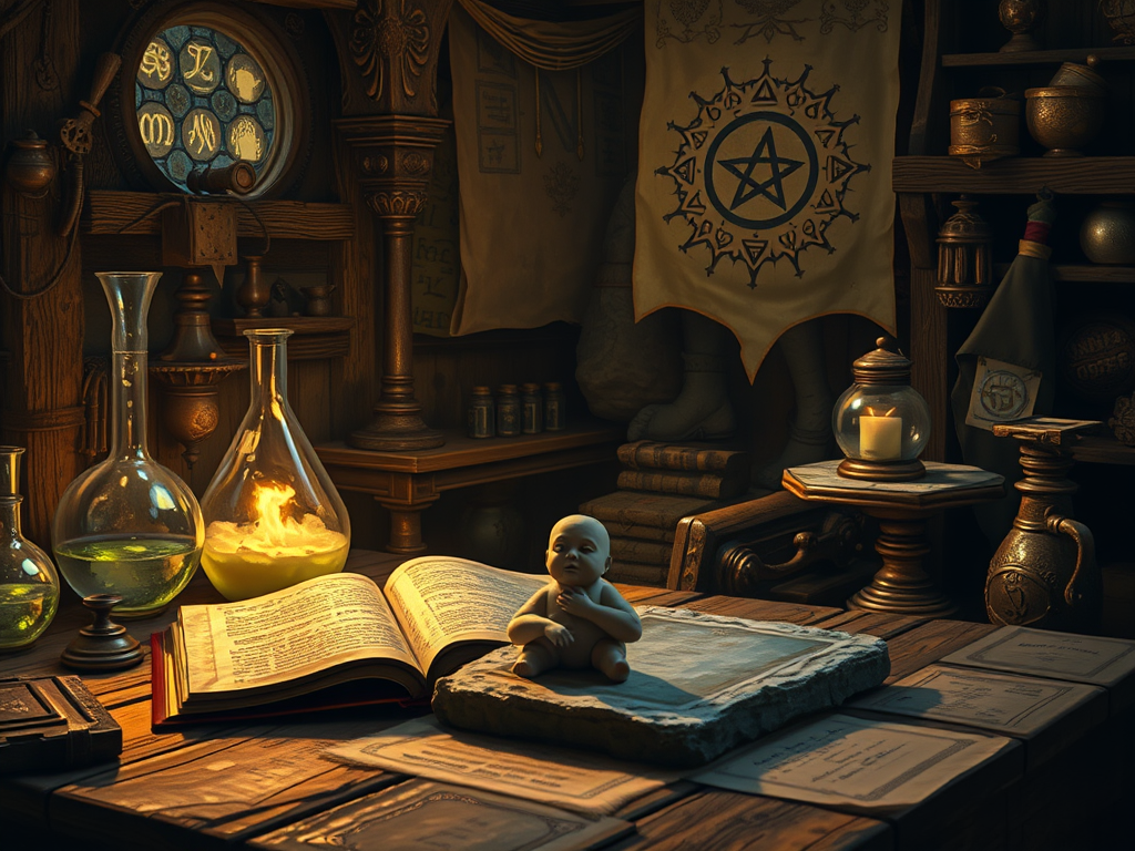 A dimly lit medieval alchemist’s laboratory, filled with bubbling flasks, open grimoires, and a half-formed clay figure resting on a stone slab. Mystical symbols float in the air.

