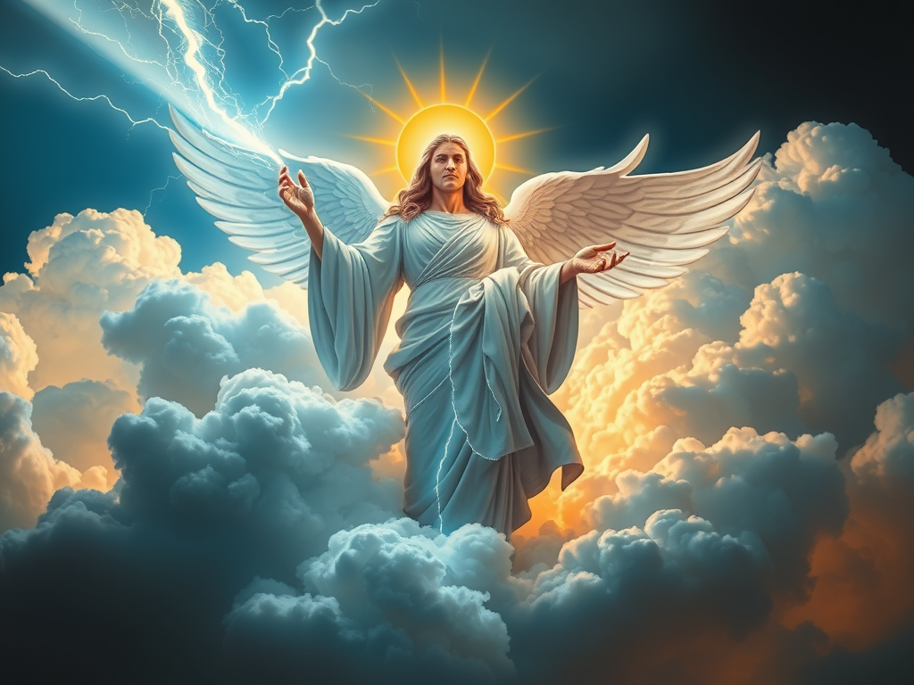 a divine figure in the clouds holding a lightning bolt