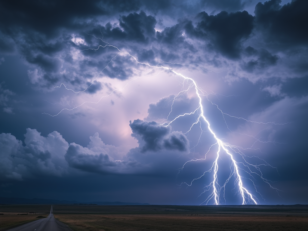 a dramatic scene of a powerful lightning bolt striking from