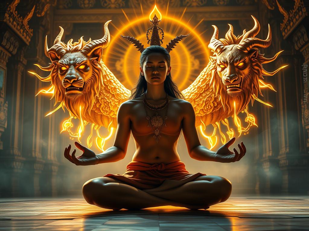 The Spiritual Meanings of Chimera in Mythology: Complexity and Duality 10 "A dramatic scene where a person meditates in a lotus position as a Chimera made of golden light encircles them. The creature’s different heads—lion, goat, and serpent—glow with different energies. Behind them, an ancient temple with intricate carvings representing the four elements stands as a gateway to spiritual evolution."