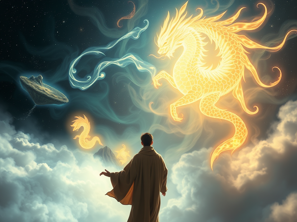 The Spiritual Meanings of Chimera in Mythology: Complexity and Duality 9 "A dreamlike vision where a person, dressed in flowing robes, gazes at a glowing Chimera emerging from swirling mists. The background consists of a cosmic sky filled with stars, floating islands, and mystical symbols, representing the spiritual and subconscious realm. The Chimera’s form constantly shifts, embodying the fluidity of transformation."