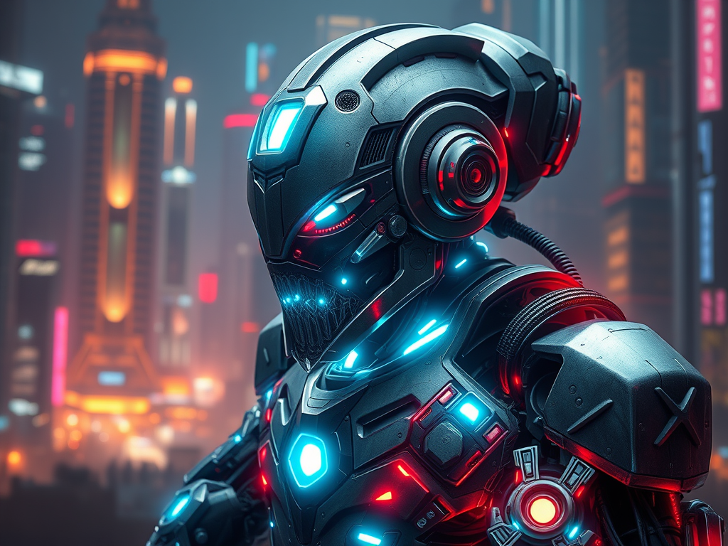 A futuristic robotic golem with metallic plating and glowing energy veins, blending ancient mysticism with modern technology, standing in a cybernetic cityscape.