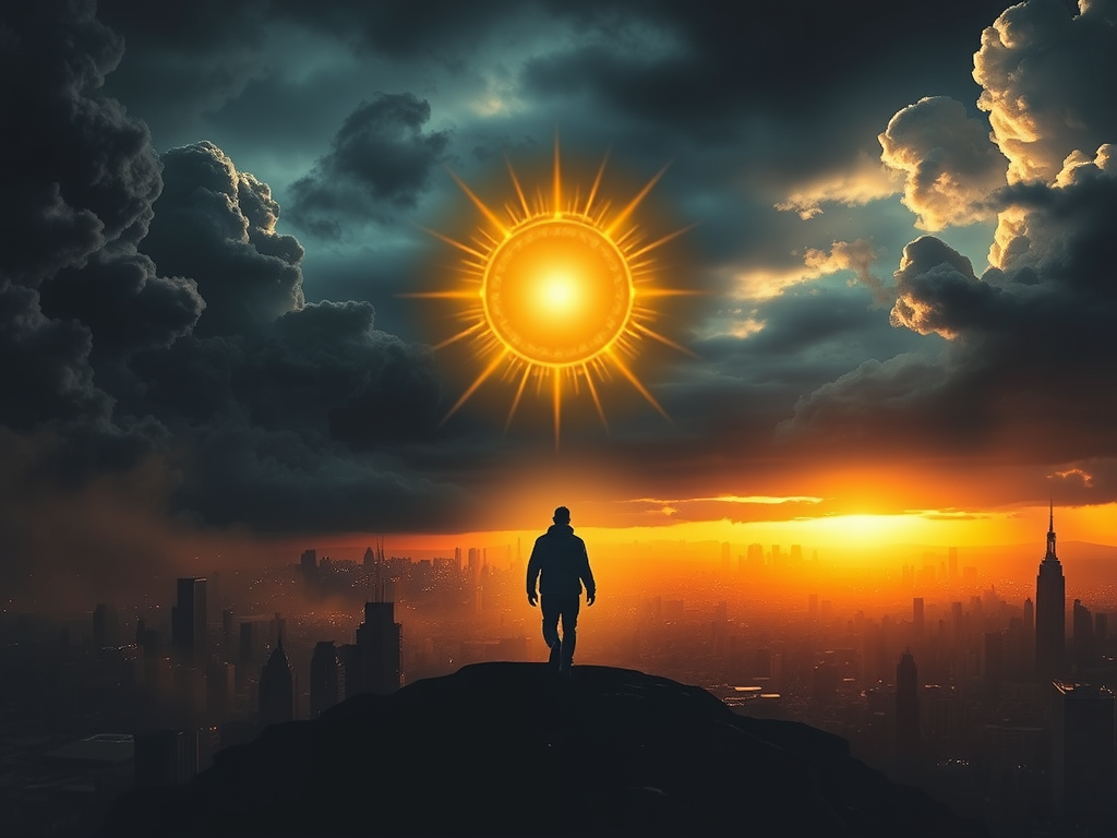 A lone figure walking away from a dark, chaotic city towards a glowing horizon. The figure's aura radiates golden energy, symbolizing spiritual awakening and protection. The background has stormy clouds on one side and bright sunlight on the other, signifying the transition from toxicity to peace.