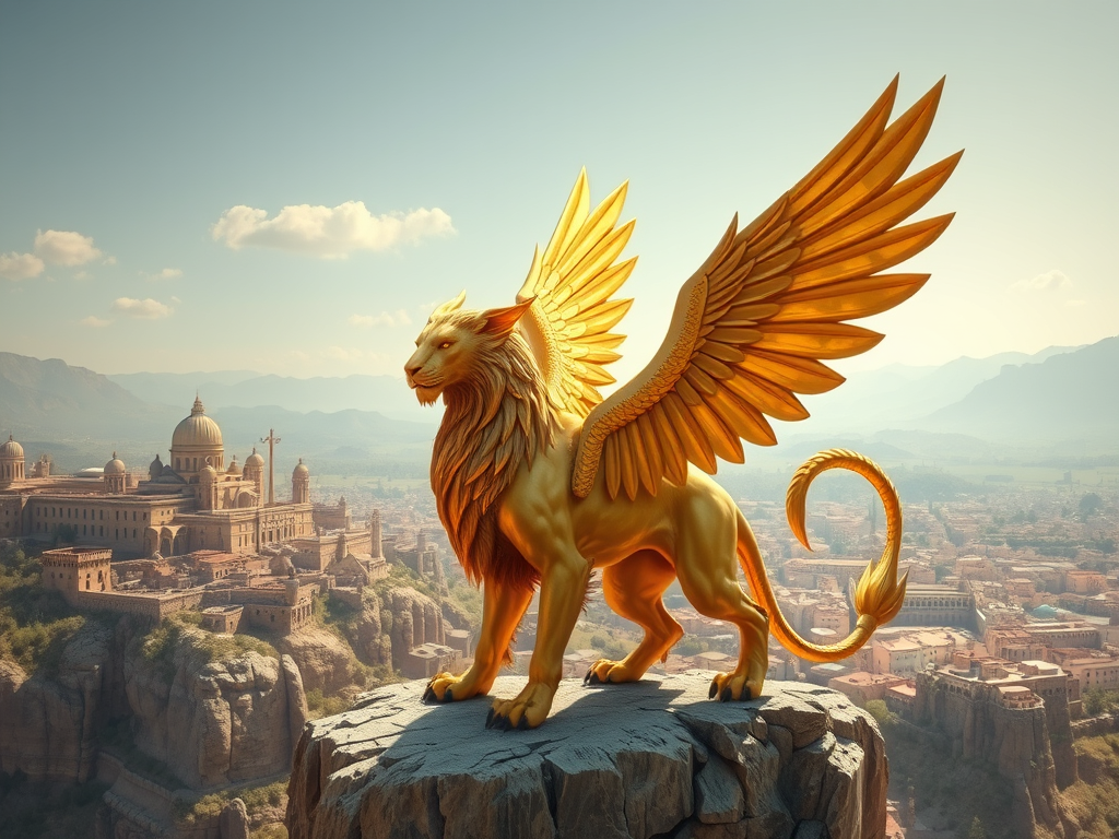 a majestic griffin with golden wings and the body of