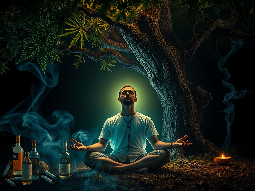  A man meditating under a tree with a glowing aura, surrounded by temptations like alcohol, cigarettes, and marijuana smoke swirling around but unable to touch him.