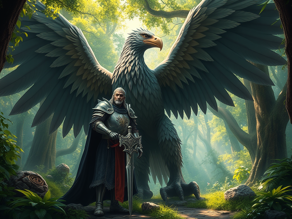 a medieval knight standing before a massive griffin seeking its