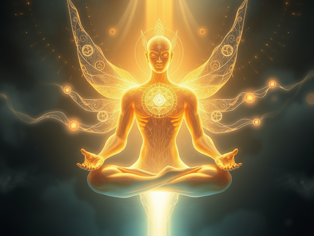 A meditating figure surrounded by a glowing ethereal golem made of golden light, acting as an energy shield, with cosmic symbols floating in the background.