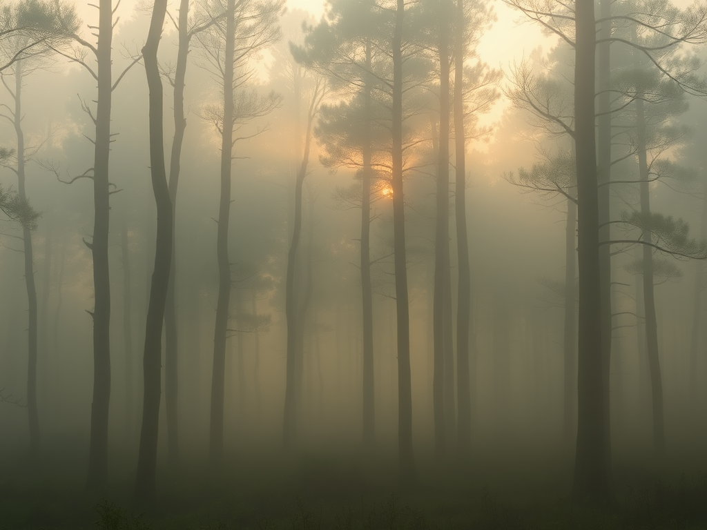  A misty forest at dawn, with a mystical glow breaking through the fog.