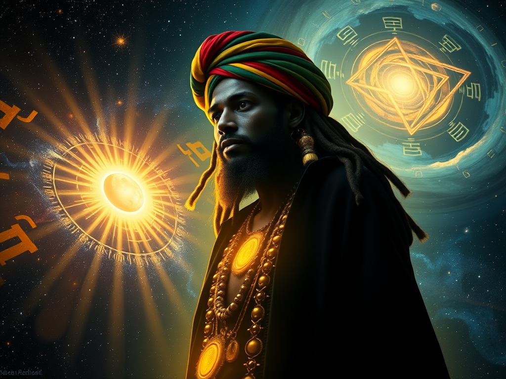 a mysterious black rastaman wearing a turban figure standing at