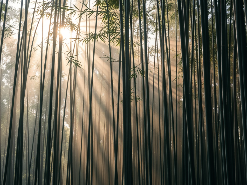 The Spiritual Meaning & Hidden Power of Bamboo: Flexibility and Resilience 4 "A mystical bamboo forest shrouded in morning mist, soft golden sunlight filtering through the tall, slender stalks. The atmosphere is serene and spiritual, evoking ancient wisdom and cultural reverence. Gentle fog rolls through the scene, enhancing the sacred energy of the place."