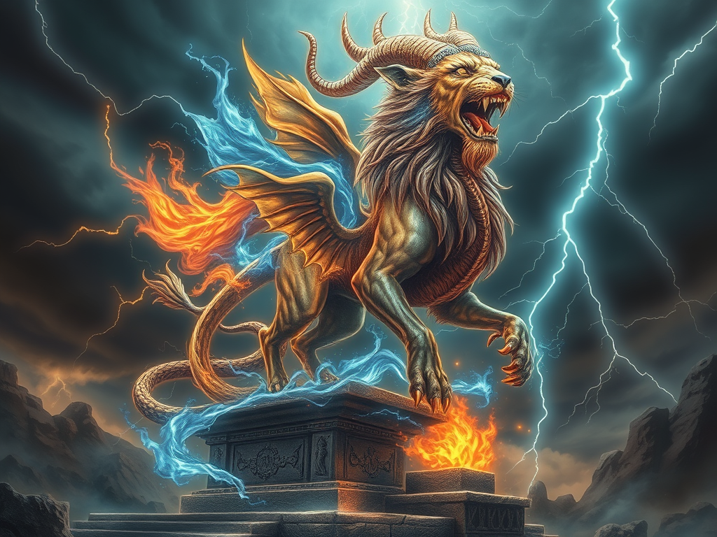 The Spiritual Meanings of Chimera in Mythology: Complexity and Duality 4 "A mystical Chimera with the head of a lion, the body of a goat, and the tail of a serpent, surrounded by ethereal blue and gold flames. The creature stands on an ancient stone altar, with cosmic energy swirling around it. The background features a dark, stormy sky with lightning bolts illuminating the scene, creating an aura of divine power."