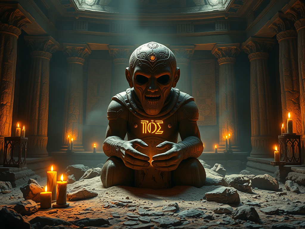 A mystical clay golem slowly forming from the earth, glowing Hebrew symbols hovering around it, in an ancient temple with candlelit shadows.

