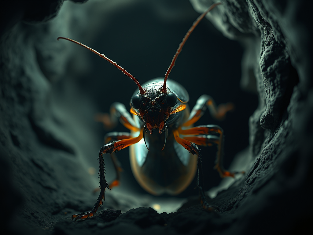  It is a mystical depiction of a cockroach emerging from darkness, symbolizing rebirth and transformation.