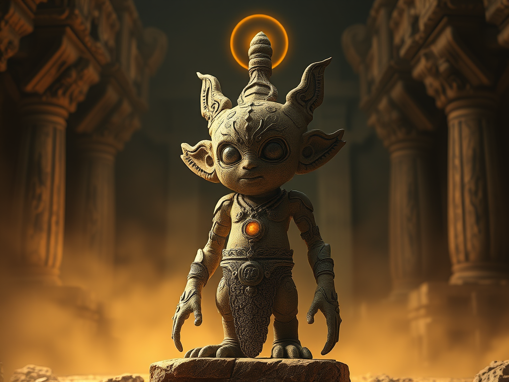 A mystical golem made of clay, standing as a silent guardian, surrounded by a golden spiritual aura in an ancient temple.