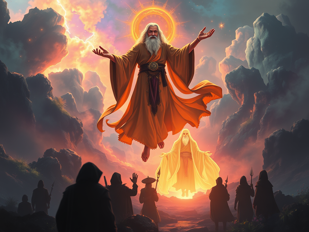 A mystical sage-like character levitating in a lush, glowing landscape filled with light and abundance. Below, shadowy figures are stuck in darkness, representing complaints and negativity, while others begin to rise, glowing with newfound gratitude and enlightenment. The scene symbolizes the transformative power of gratitude.