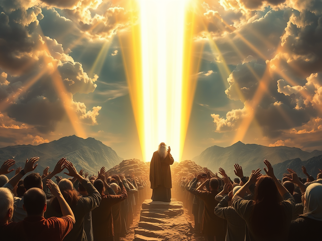 A mystical sage-like figure standing on a mountaintop, speaking powerful words that appear as golden light beams. Below, a group of shadowy people cover their eyes, refusing to look, while a few individuals begin to open their eyes and reach toward the light. The background has a dramatic sky, symbolizing awakening and resistance to truth.