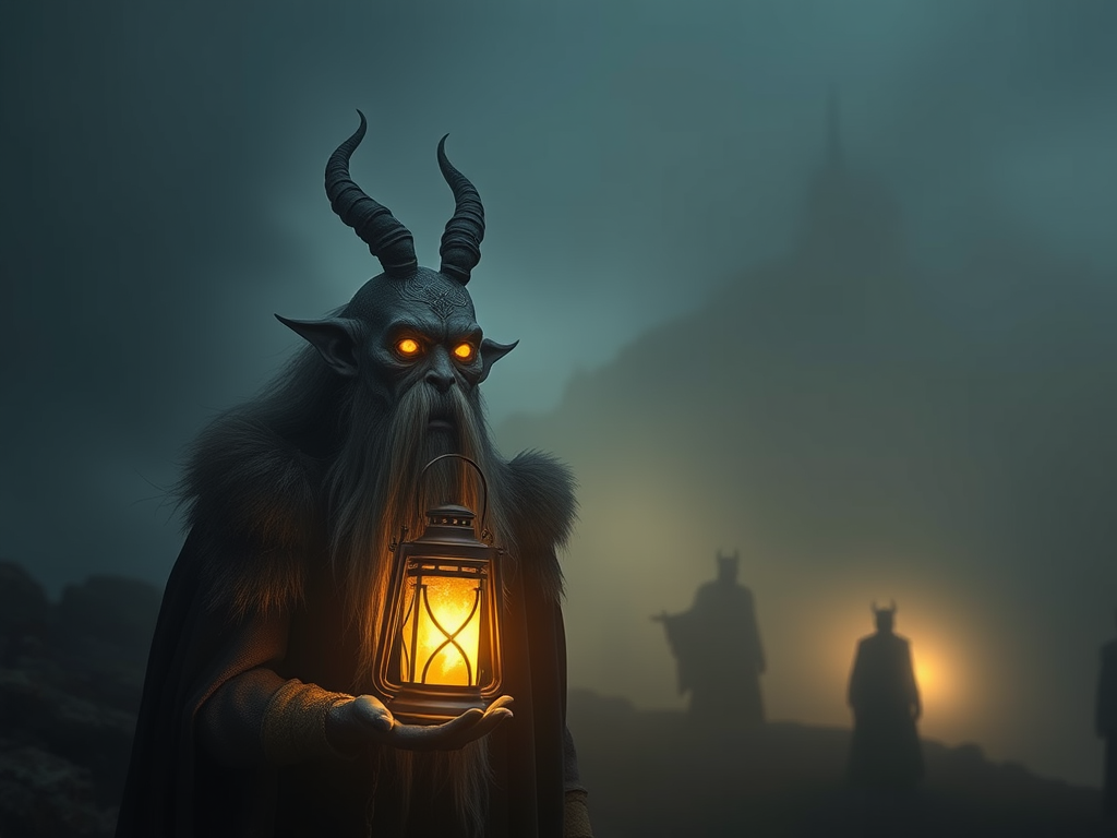 A mystical, wise-looking creature with glowing eyes, resembling an ancient sage, standing in a foggy landscape. The creature holds a radiant lantern, casting a golden light that illuminates the path ahead while shadowy, undefined figures fade into the darkness. The scene has an ethereal and mystical feel, symbolizing guidance and wisdom in the deception 
