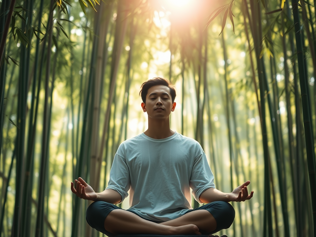 The Spiritual Meaning & Hidden Power of Bamboo: Flexibility and Resilience 10 "A person meditating in a peaceful bamboo grove, sunlight filtering through the leaves, creating a serene glow. The individual is in a deep meditative state, absorbing the wisdom of nature. The scene embodies mindfulness, inner peace, and personal growth."