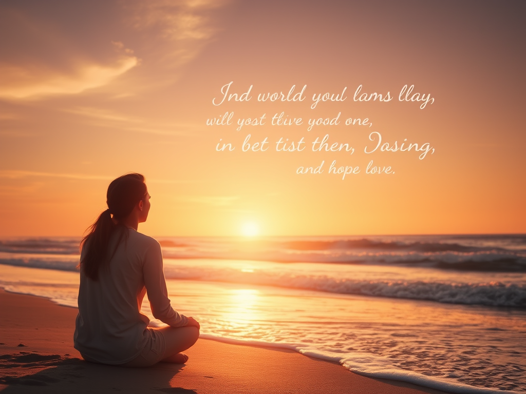 When Life Feels Too Hard: Finding Strength in Scripture 9 A person sitting on a beach at sunset, looking at the waves, feeling a sense of peace. In the sky, faint words appear like a gentle whisper, symbolising God’s presence and love. A subtle glow surrounds the person, representing divine comfort and hope.