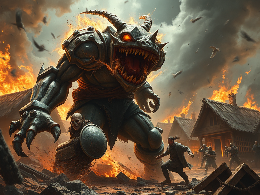  A raging, out-of-control golem breaking through a village, while its desperate creator watches in horror, realizing the consequences of unchecked power.