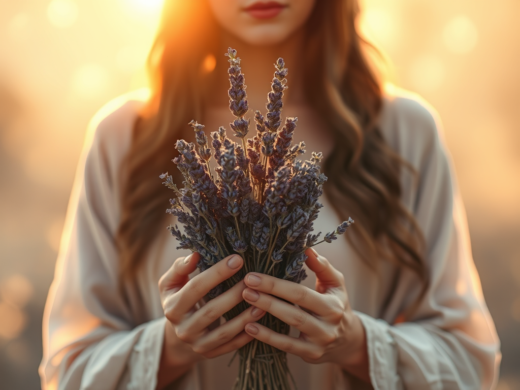 The Spiritual Essence of Lavender: Peace and Healing 5 "A spiritual healer holding a bundle of dried lavender, surrounded by glowing energy as they cleanse a sacred space with its healing aroma."
Lavender is renowned for its healing properties, not just physically but also emotionally and spiritually. It is used to cleanse negative energy, heal past traumas, and restore harmony to the soul.