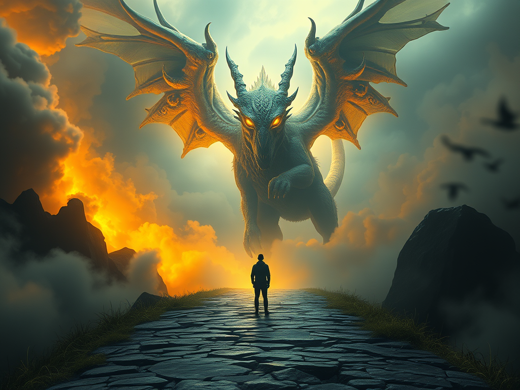 The Spiritual Meanings of Chimera in Mythology: Complexity and Duality 8 A surreal dreamscape featuring a human figure standing at a crossroads, looking at a towering, shadowy Chimera with glowing eyes. One side of the path is lit by warm golden light, symbolizing enlightenment, while the other is shrouded in mist and darkness, representing the unknown depths of the subconscious mind. The Chimera acts as a guardian of hidden wisdom."