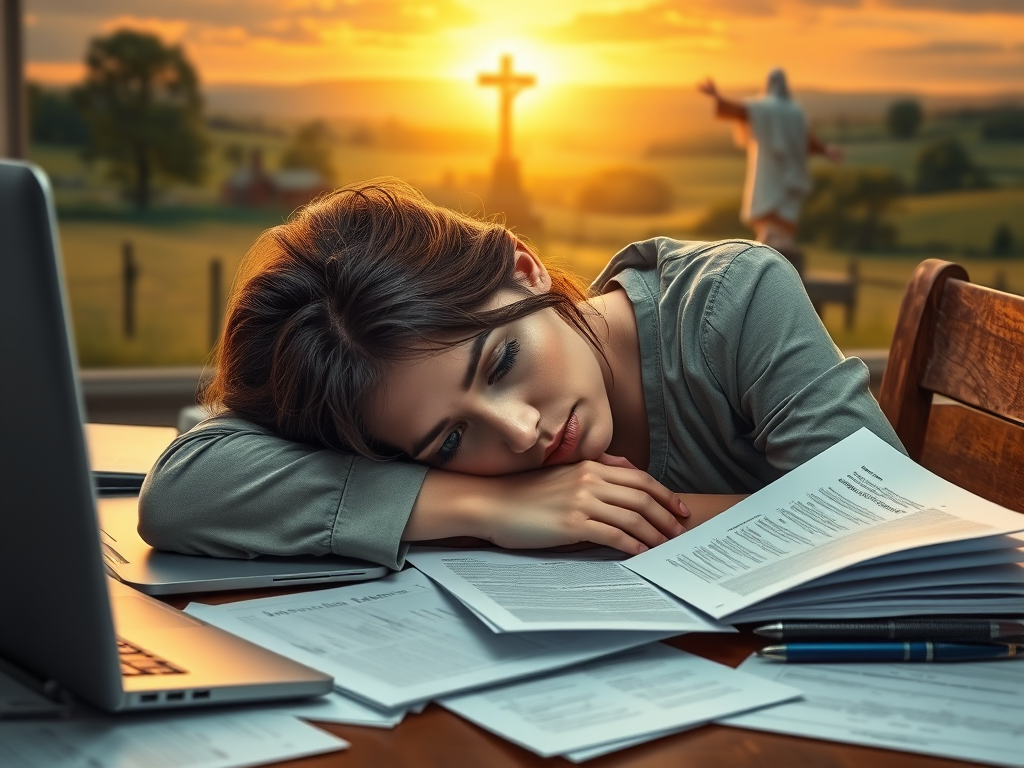 When Life Feels Too Hard: Finding Strength in Scripture 6 A tired woman resting her head on a desk, surrounded by work papers and a laptop. Behind her, a peaceful countryside scene with Jesus reaching out His hand, visually symbolizing the invitation to find rest in Him.