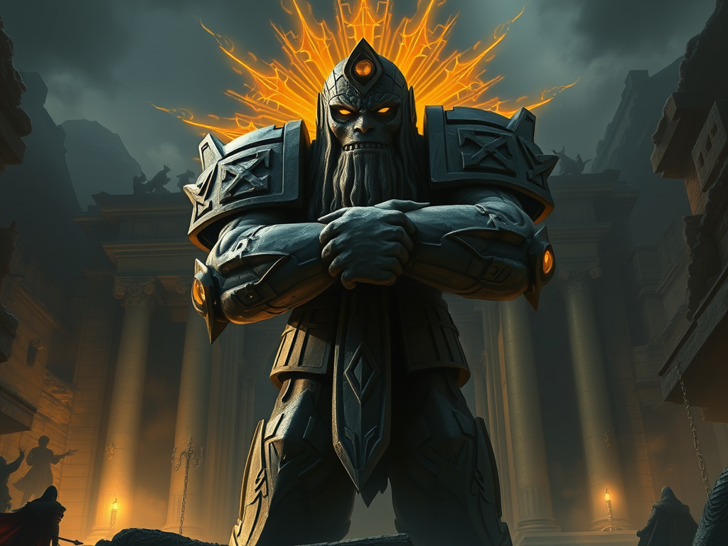 A towering stone golem standing in front of a sacred temple, arms crossed, radiating a golden protective energy as dark shadows approach in the background.