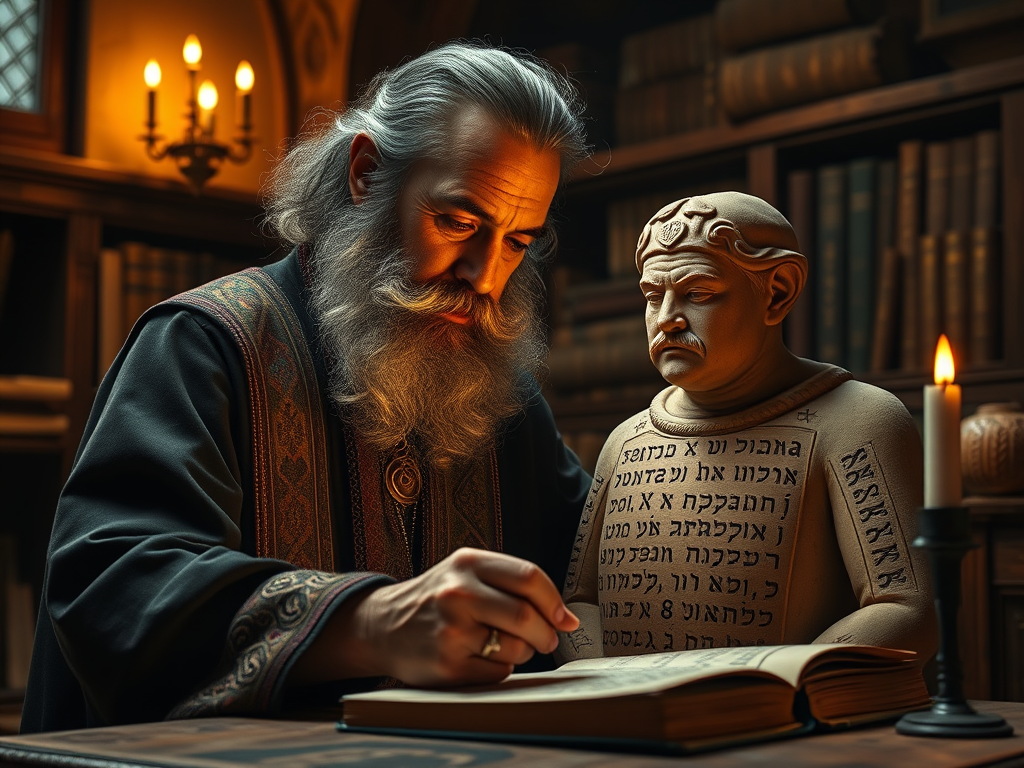 A wise, bearded Kabbalistic scholar in a dark study, writing sacred Hebrew inscriptions on a large clay figure, with magical energy illuminating the room.