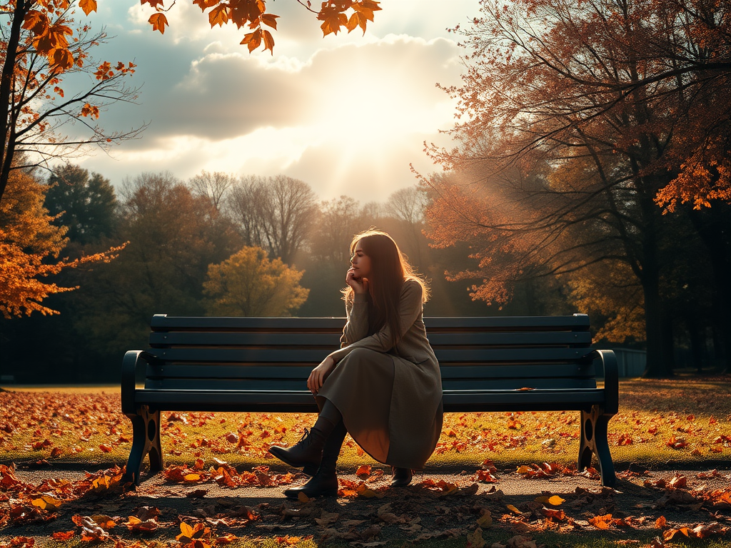 When Life Feels Too Hard: Finding Strength in Scripture 4 A woman sitting alone on a park bench in autumn, with leaves falling around her. She looks deep in thought, with a gentle ray of sunlight breaking through the clouds, symbolizing God’s presence near the brokenhearted.