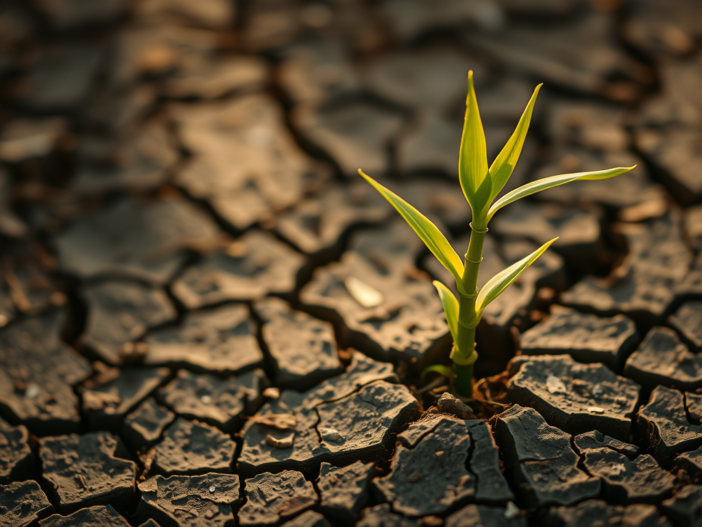 The Spiritual Meaning & Hidden Power of Bamboo: Flexibility and Resilience 6 "A young bamboo shoot emerging from cracked, dry earth, symbolizing resilience and perseverance. The lighting highlights the new life pushing through adversity, with a warm glow of hope in the background. The composition conveys strength, endurance, and spiritual renewal."