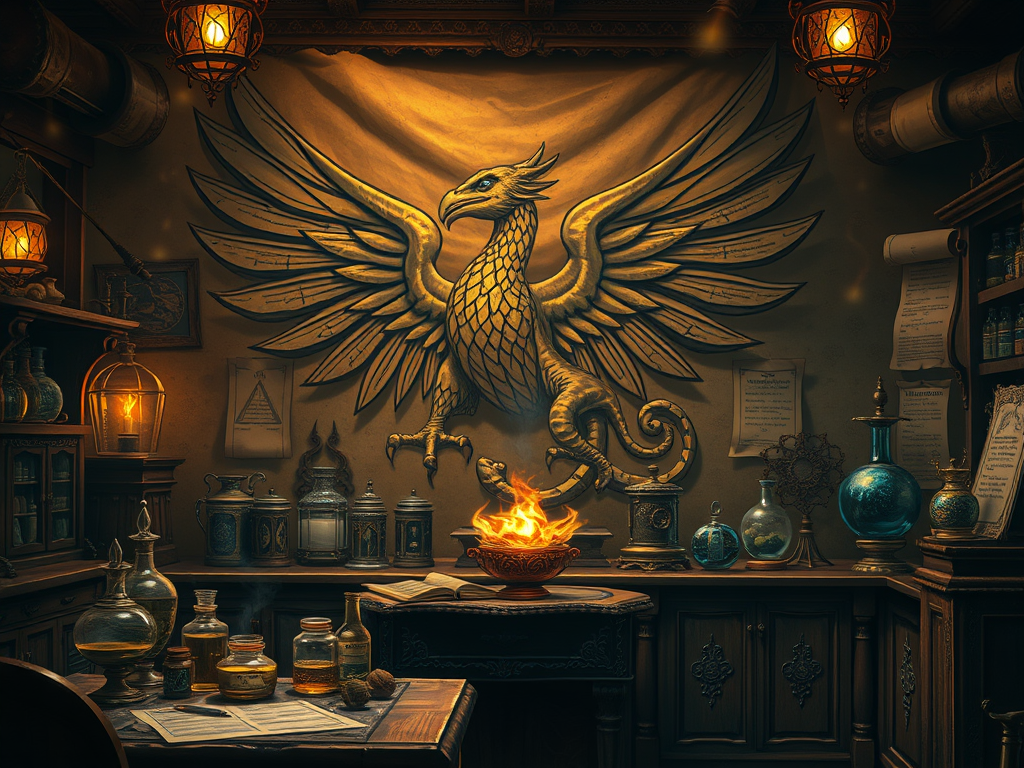 An alchemist’s laboratory with a griffin etched on ancient scrolls, surrounded by mystical elements.