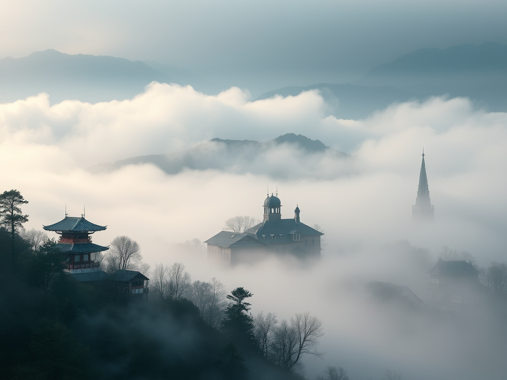 Cultural Perspectives on Fog: A series of images representing different cultures—Japanese misty mountains, Native American foggy landscapes, and European medieval villages covered in mist.