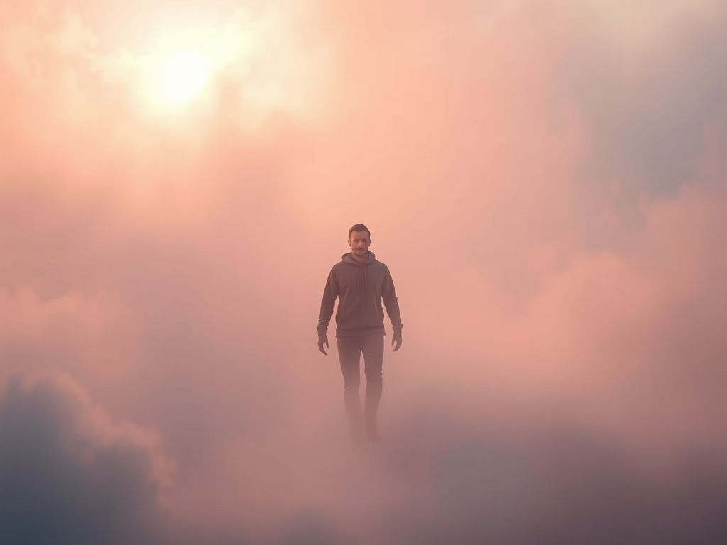 Fog in Dreams & Spiritual Transformation: A dreamlike vision of a person walking through fog toward a bright, mystical light.