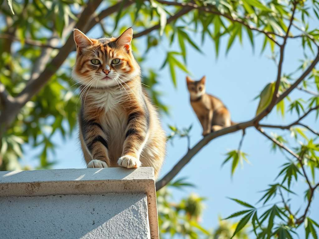 A cat struggling to balance on a high ledge after consuming marijuana, while a natural, alert cat looks on from a tree branch.