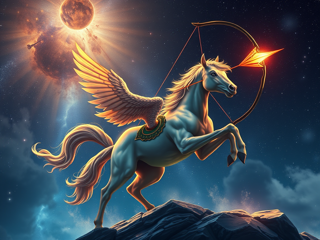 The Spiritual Meaning of Centaurs: Balance Between Primal and Divine 8 Image Prompt
A celestial archer centaur firing a glowing arrow toward the stars.