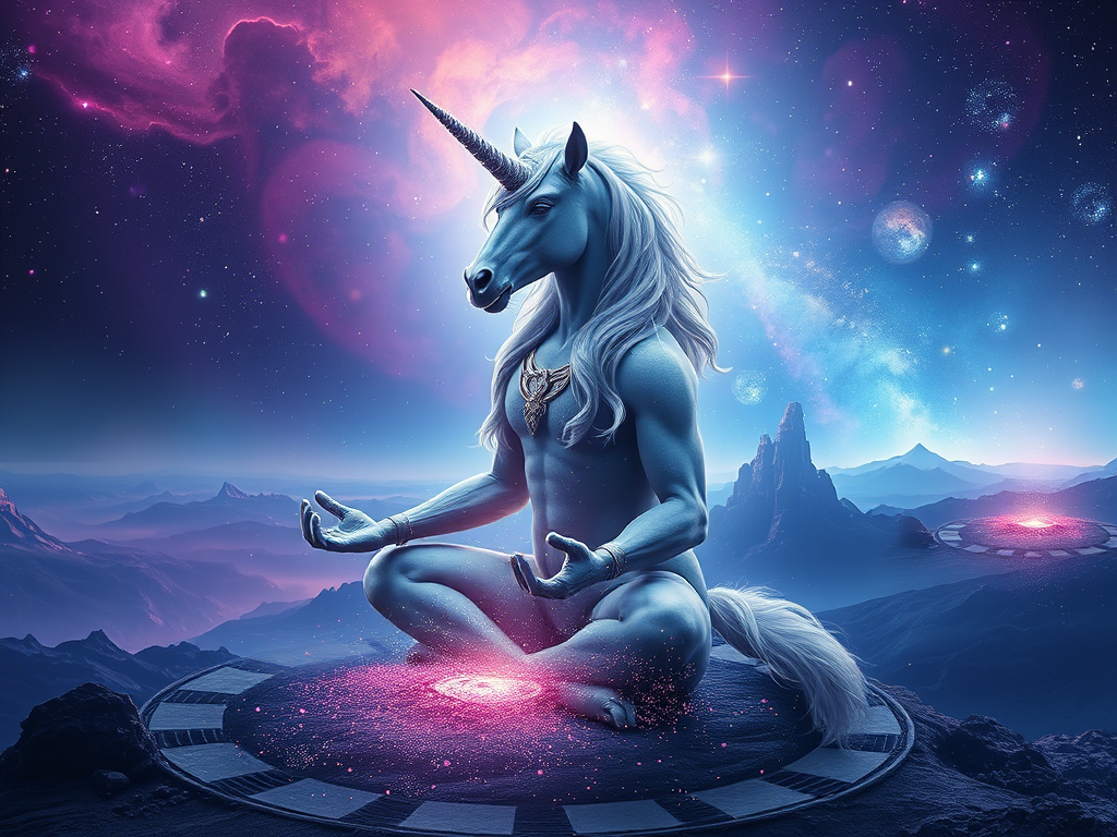 The Spiritual Meaning of Centaurs: Balance Between Primal and Divine 7 Image Prompt
A centaur meditating in a cosmic landscape, half of its body dissolving into stardust.