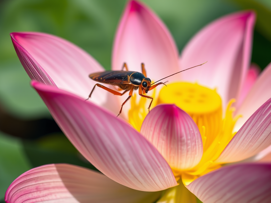 Image Prompt: A cockroach sitting on a lotus flower, symbolizing transformation.