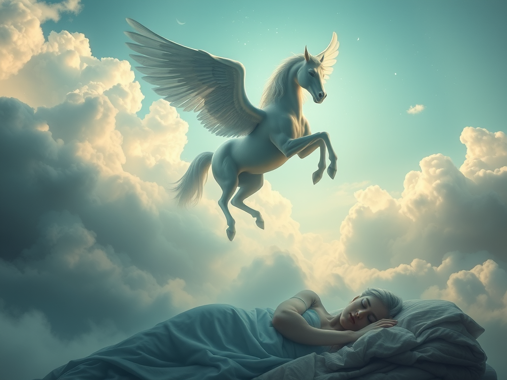 The Spiritual Meaning of Pegasus: A Mystical Guide Across Cultures 6 Image Prompt:
A dream-like setting with Pegasus appearing in the sky, symbolizing a divine message to a sleeping figure.