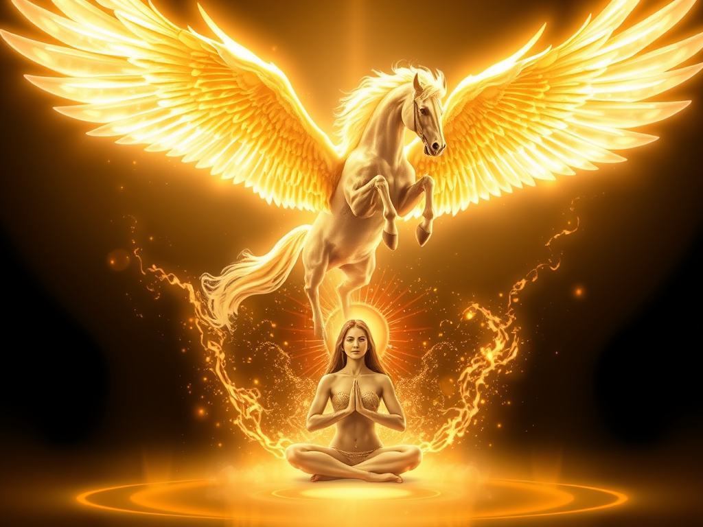 The Spiritual Meaning of Pegasus: A Mystical Guide Across Cultures 5 Image Prompt:
A glowing Pegasus soaring above a meditating figure, surrounded by divine energy and a golden aura.