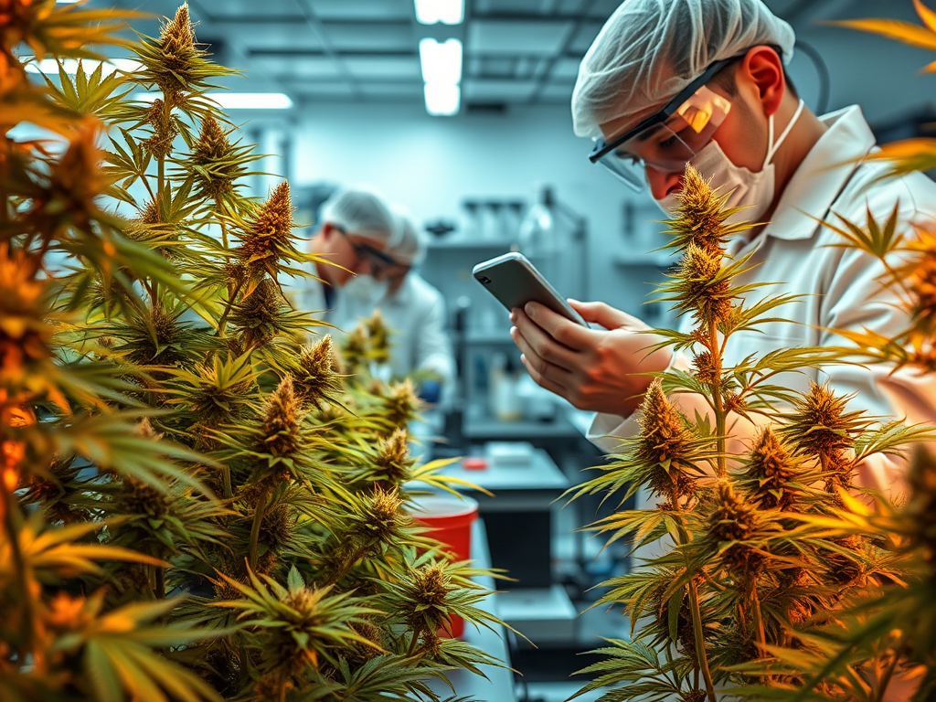  A laboratory with scientists modifying cannabis plants, a contrast between ancient natural plants and the new strains glowing with unnatural energy.