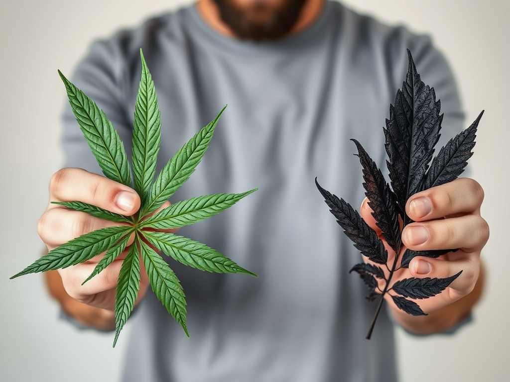 A man holding a fresh cannabis leaf on one side and a burnt, blackened version of it on the other, symbolizing the difference in properties.