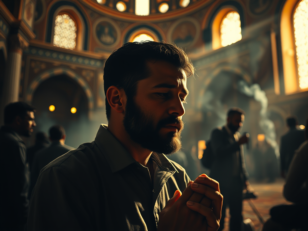  A man praying in a mosque, while in the background, shadows of people drinking and smoking are being pulled by invisible chains.