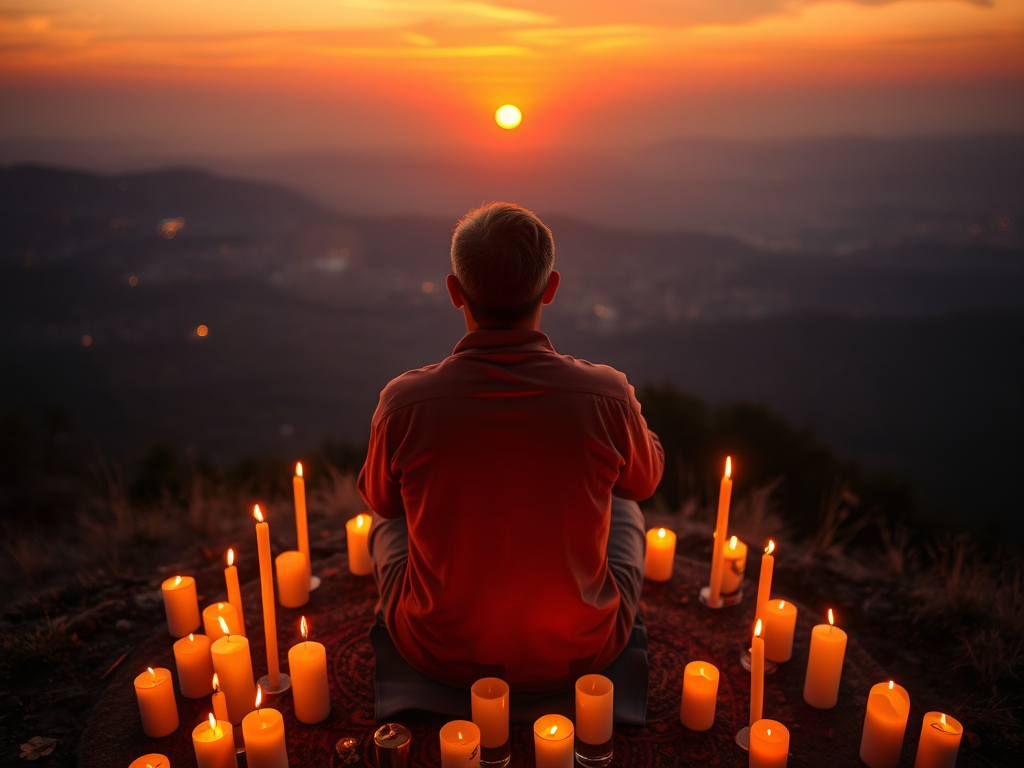 The Power of Sunsets in Spirituality: Endings and Hope 7 A spiritual practitioner engaging in sunset rituals with candles and prayers.